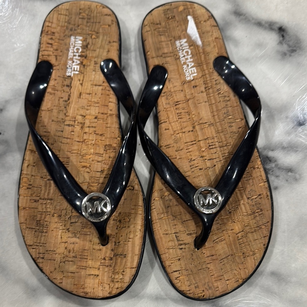 Michael Kors Black and Tan Flip Flops